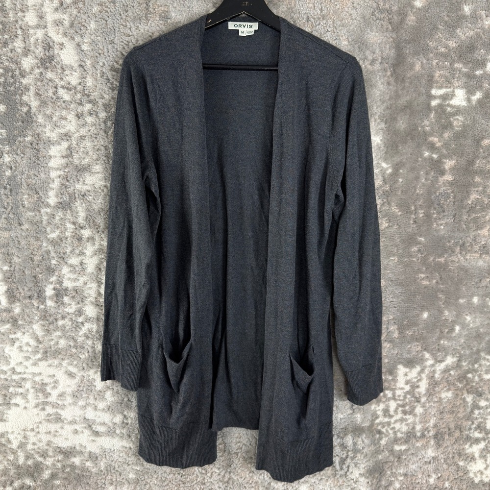 Orvis Size M Modal Silk Blend Open Front Pocket Cardigan Gray Long Sleeve Womens